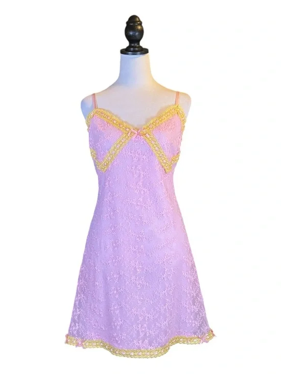 Betsey Johnson NWT Coquette Dollette Pink Gold Floral Lace Bow Slip Mini Dress L - Picture 2 of 9